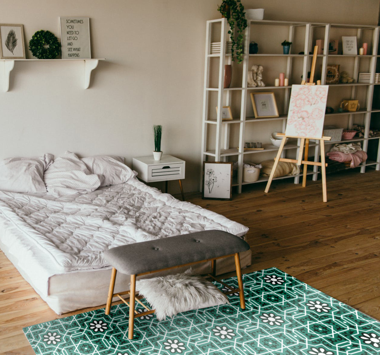 キッチン マット ビニール 緑の花柄タイル - TENSTICKERS