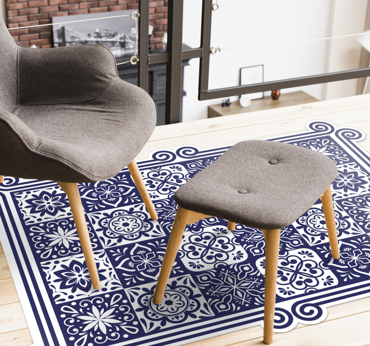 青いタイルと白いリボンビニールルームラグ - TENSTICKERS