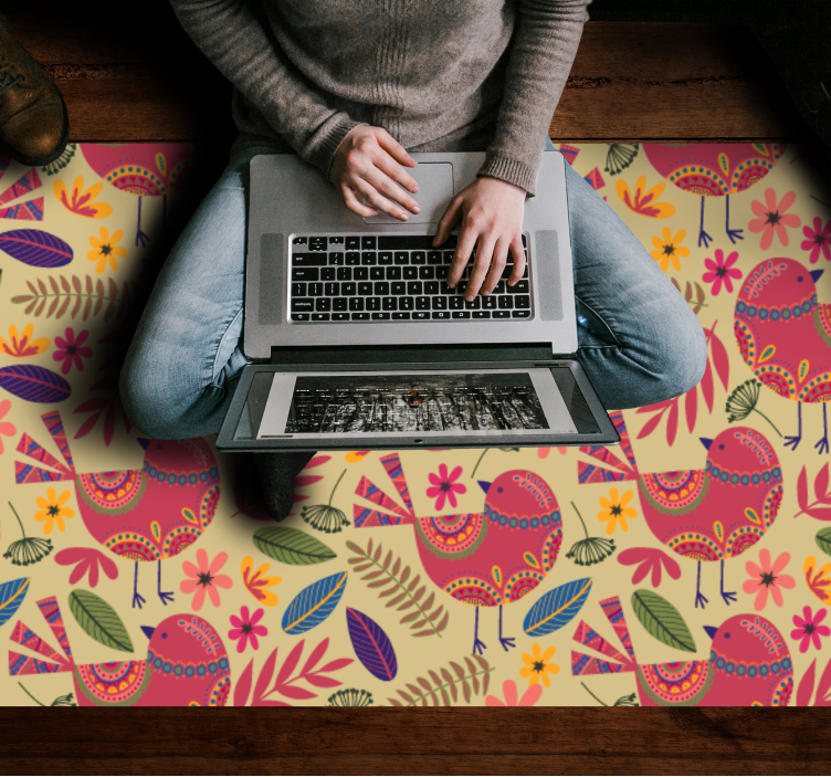 花と植物の壁画 色とりどりの鳥のモチーフ - TENSTICKERS