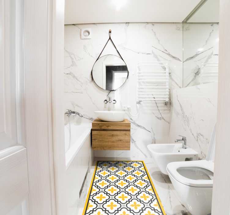 灰色と黄色の花のパターンタイルカーペット - TENSTICKERS