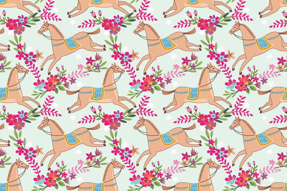 動物 ビニールマット ピンクの花と馬の模様 - TENSTICKERS