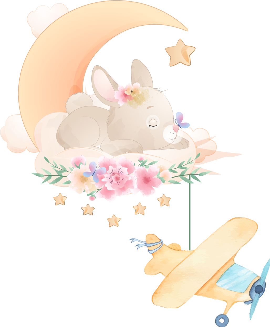 動物 ビニールマット 月の上で眠るウサギとおもちゃの飛行機 - TENSTICKERS