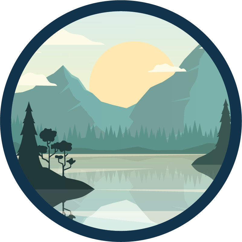花と植物の壁画湖のあるシルエットの山 - TENSTICKERS