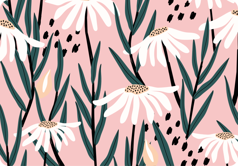 花と植物の壁画ピンクの背景にデイジー - TENSTICKERS