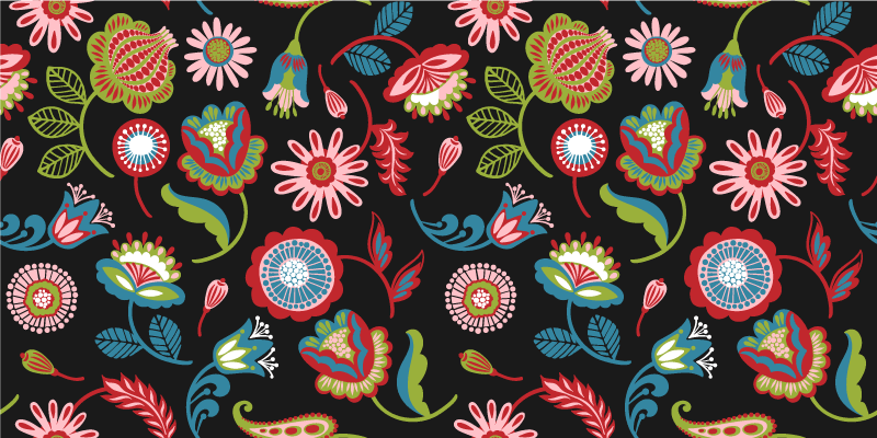 花と植物の壁画 カラフルな民俗模様 - TENSTICKERS
