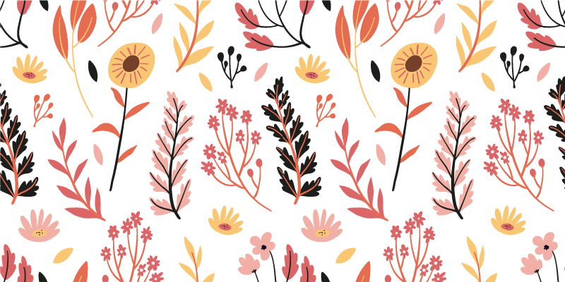 花と植物の壁画 白い背景に彩り豊かな花々 - TENSTICKERS