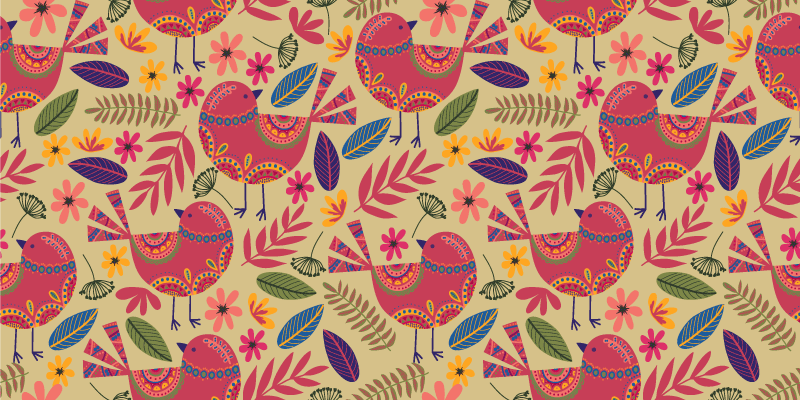 花と植物の壁画カラフルな鳥の民芸模様 - TENSTICKERS