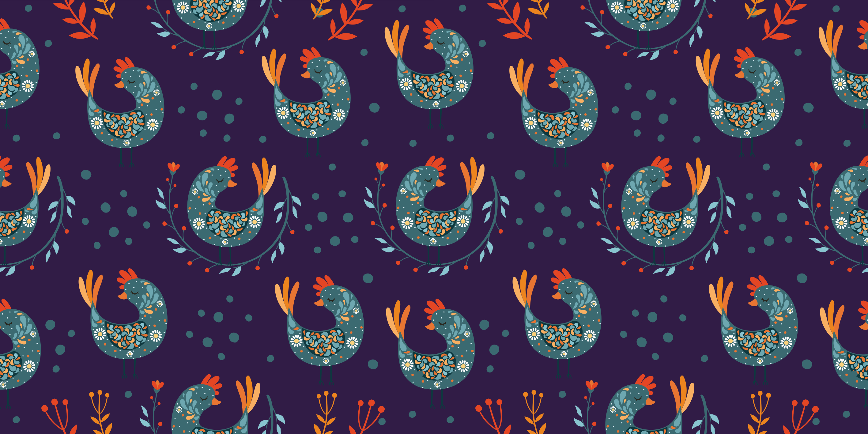 花と植物の壁画紫色の鶏と花 - TENSTICKERS