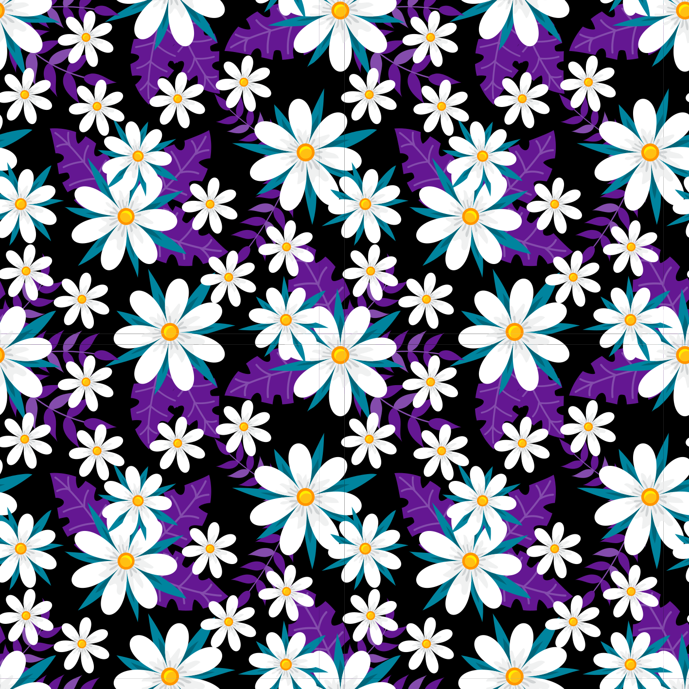 花と植物の壁画 黒い背景の花々 - TENSTICKERS