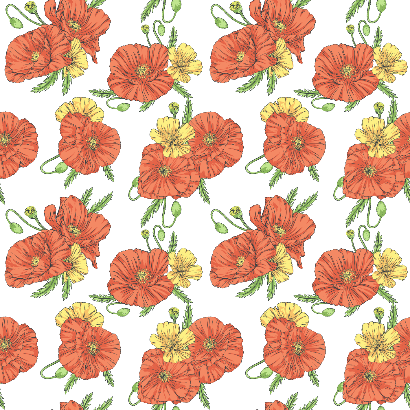 花と植物の壁画白背景のポピーの花 - TENSTICKERS