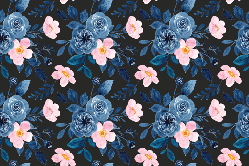 花と植物の壁画黒背景に青とピンクの模様 - TENSTICKERS