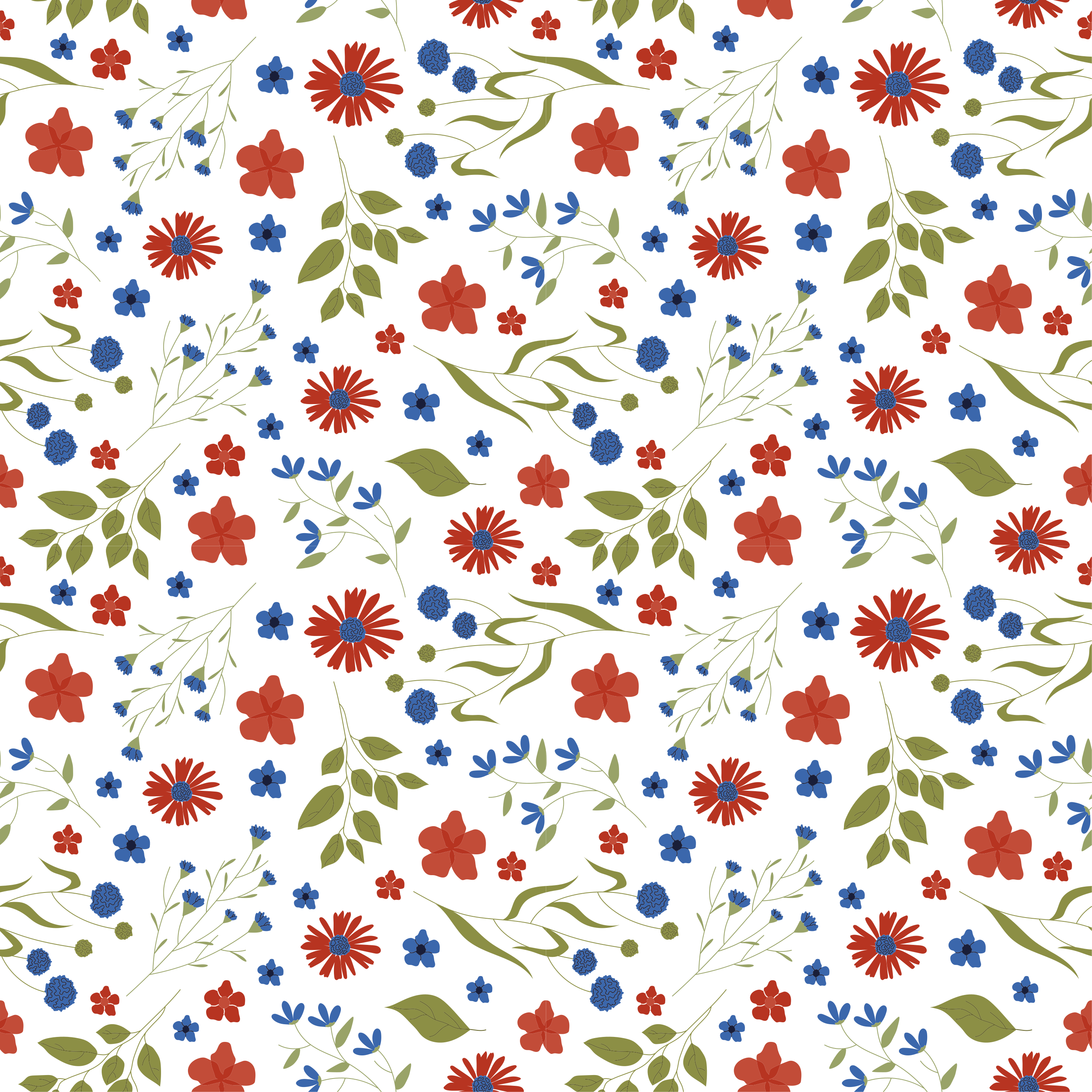花と植物の壁画青と赤の庭のパターン - TENSTICKERS