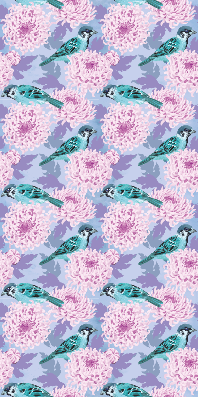 花と植物の壁画ピンクの庭の花と鳥 - TENSTICKERS