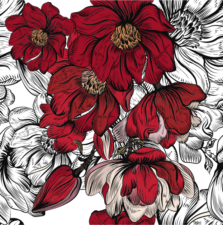 ダイニングルーム ビニールマット 赤と白の花 - TENSTICKERS
