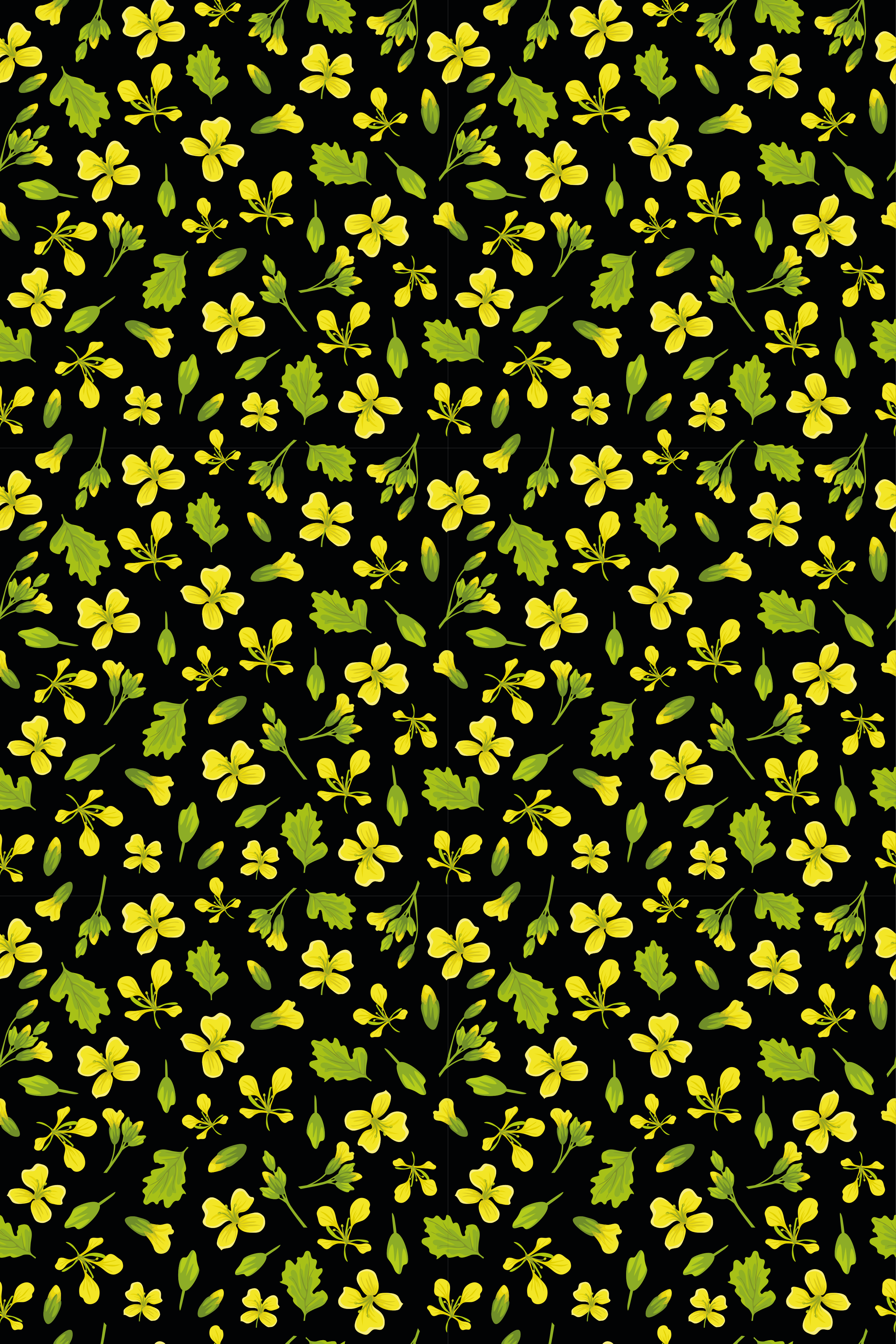 花と植物の壁画黒い背景に黄色 - TENSTICKERS