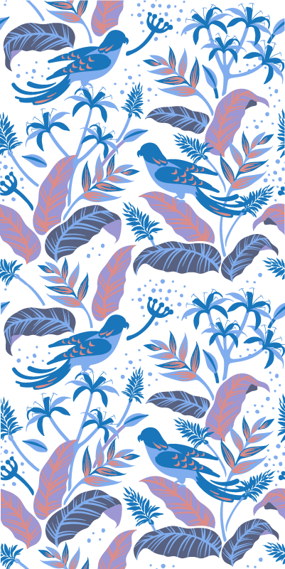 花と植物の壁画　葉の上の青い鳥とピンクの鳥 - TENSTICKERS