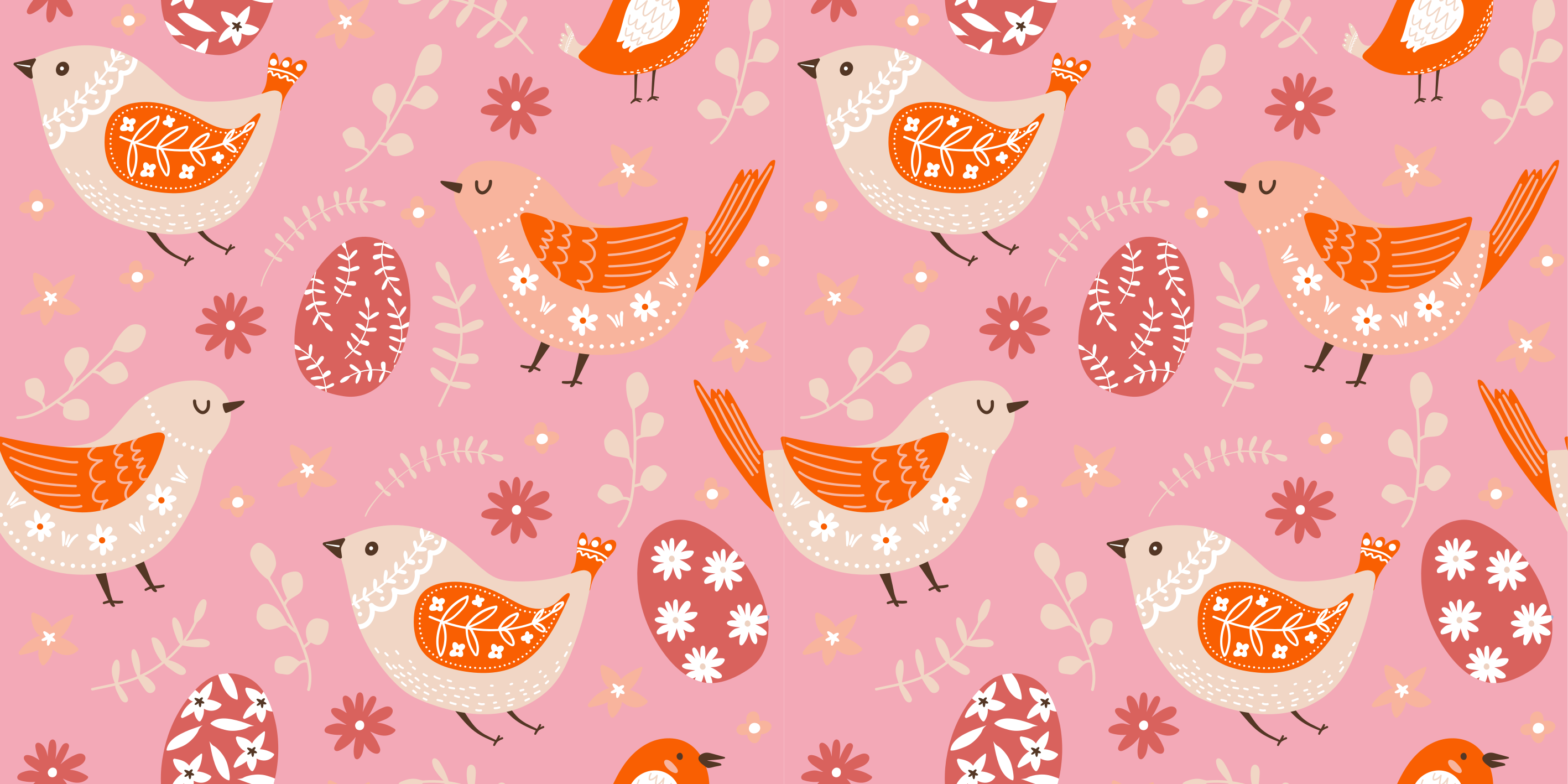 花と植物の壁画鳥のいるピンクの民芸模様 - TENSTICKERS
