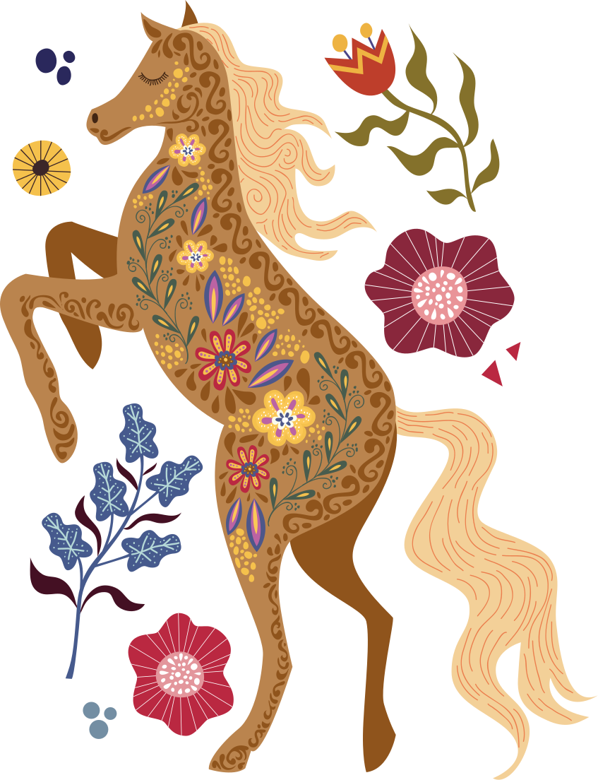 花と植物の壁画野生馬の民話イラスト - TENSTICKERS