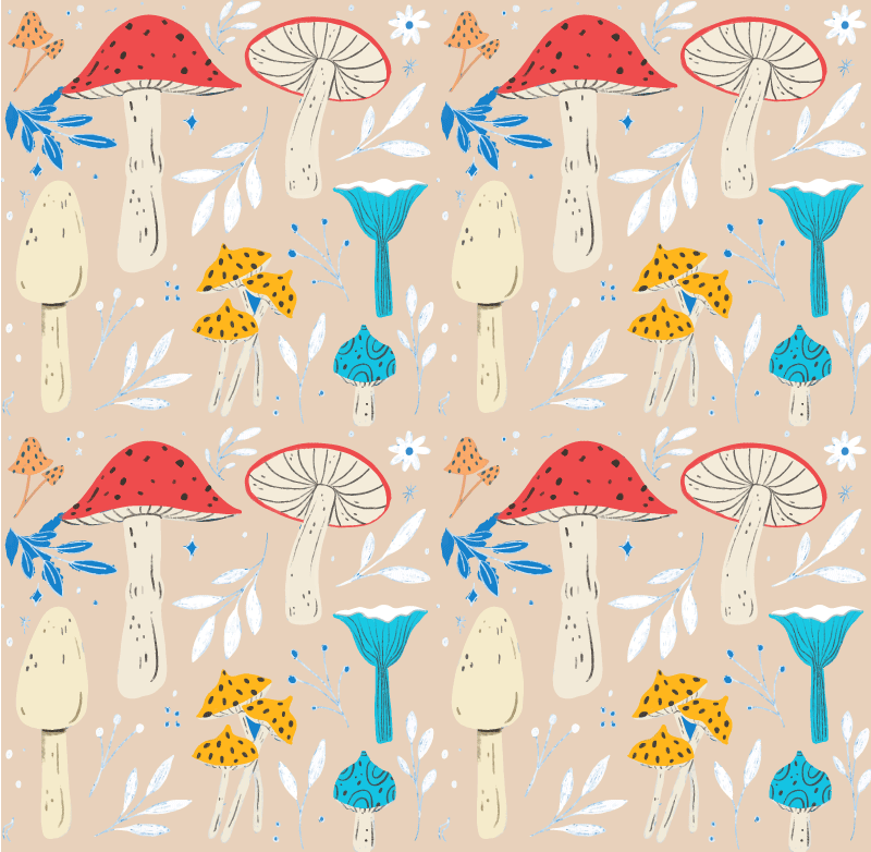 花と植物の壁画 クラシックなキノコ ベージュの背景 - TENSTICKERS