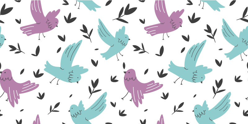 花と植物の壁画 青と紫の鳥と植物のイラスト - TENSTICKERS