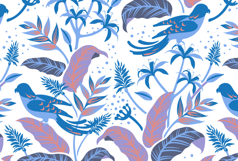 花と植物の壁画　葉の上の青い鳥とピンクの鳥 - TENSTICKERS