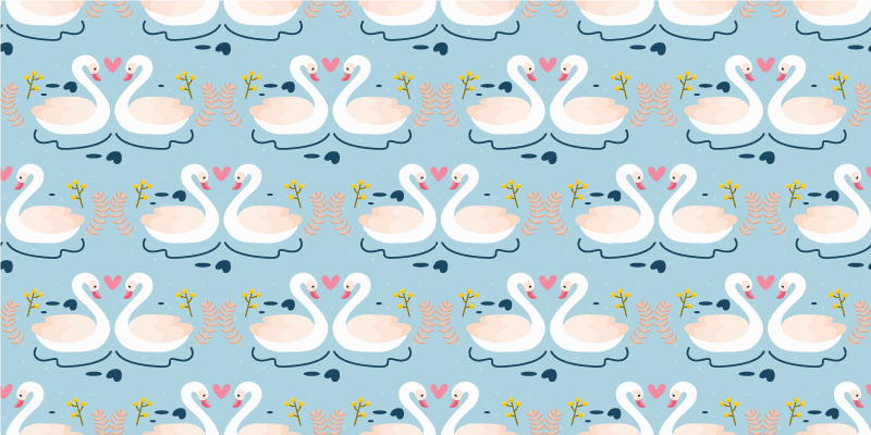花と植物の壁画青い背景に愛の白鳥柄 - TENSTICKERS