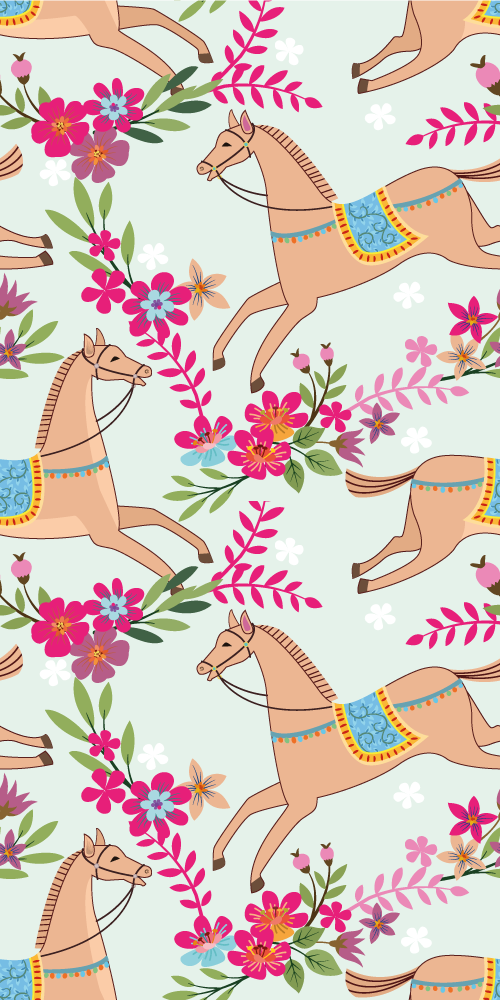 寝室 ビニールマット ピンクの花と馬の模様 - TENSTICKERS