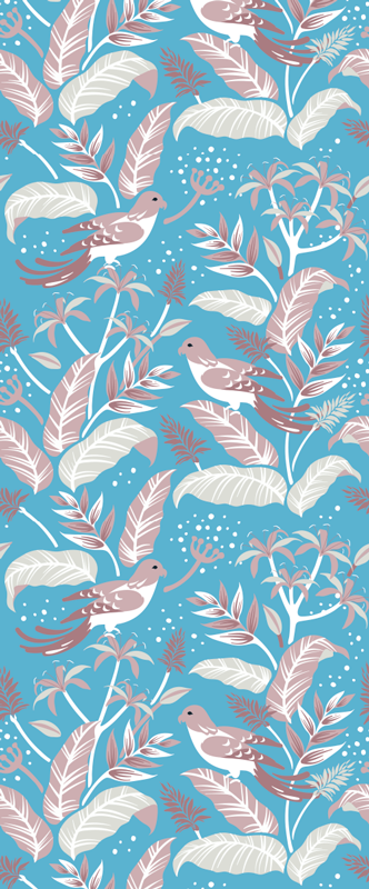 寝室 ビニールマット 青とピンクのトロピカルリーフの白いボード - TENSTICKERS