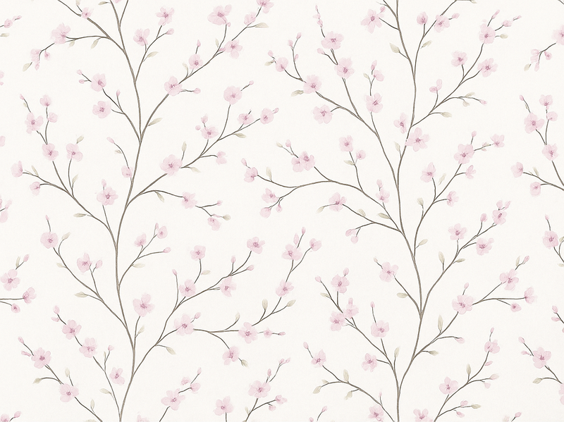 寝室 ビニールマット ピンクの花が咲くグレーの木 - TENSTICKERS