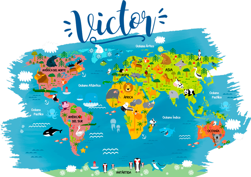 世界地図 ビニールマット 動物名入りの世界地図 - TENSTICKERS