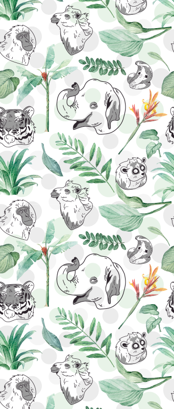 寝室 ビニールマット 水彩のトロピカル動物と植物 - TENSTICKERS