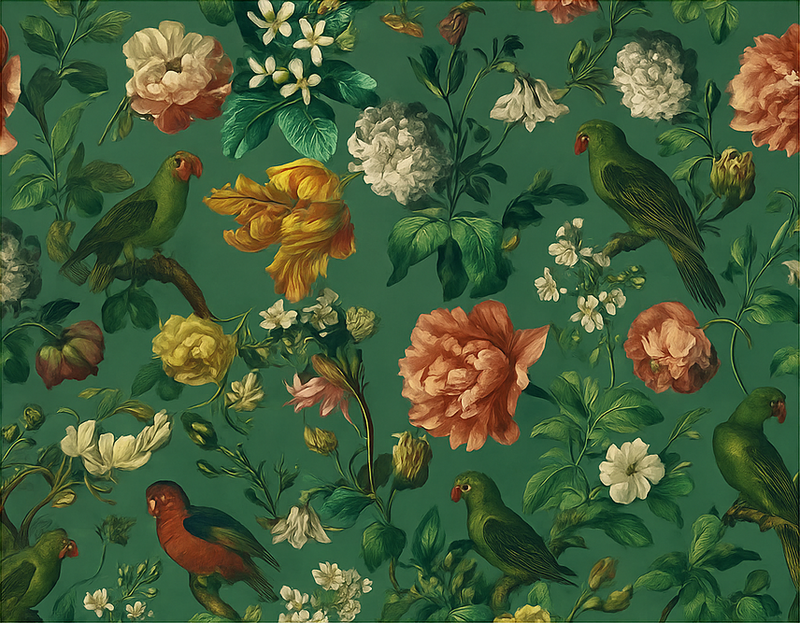 寝室 ビニールマット ダークグリーンの花と鳥のデザイン - TENSTICKERS