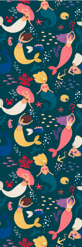 寝室 ビニールマット ダークブルーの人魚柄 - TENSTICKERS