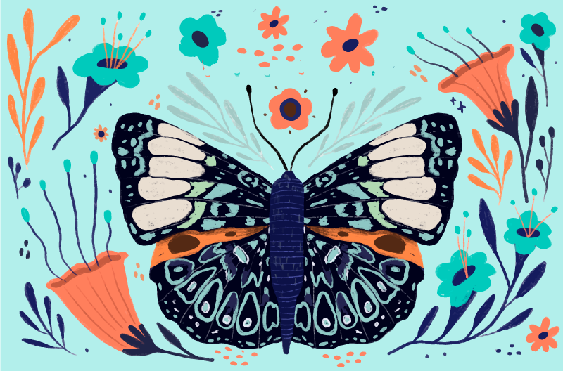 花と植物の壁画 色とりどりの蝶のディテール - TENSTICKERS