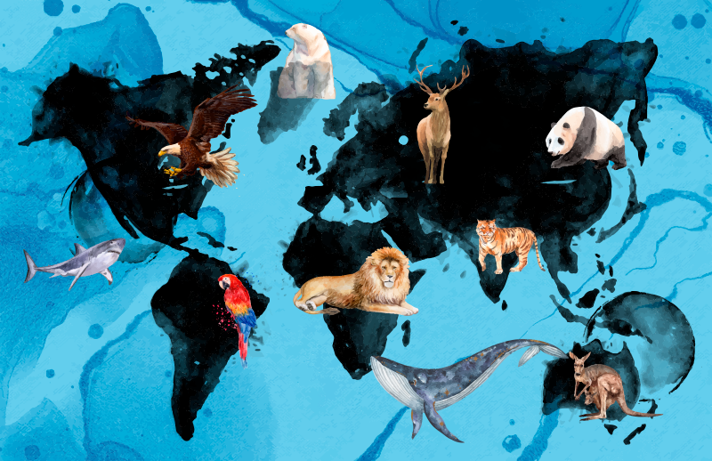 壁画 モアチルドレン 青と黒の野生動物 - TENSTICKERS