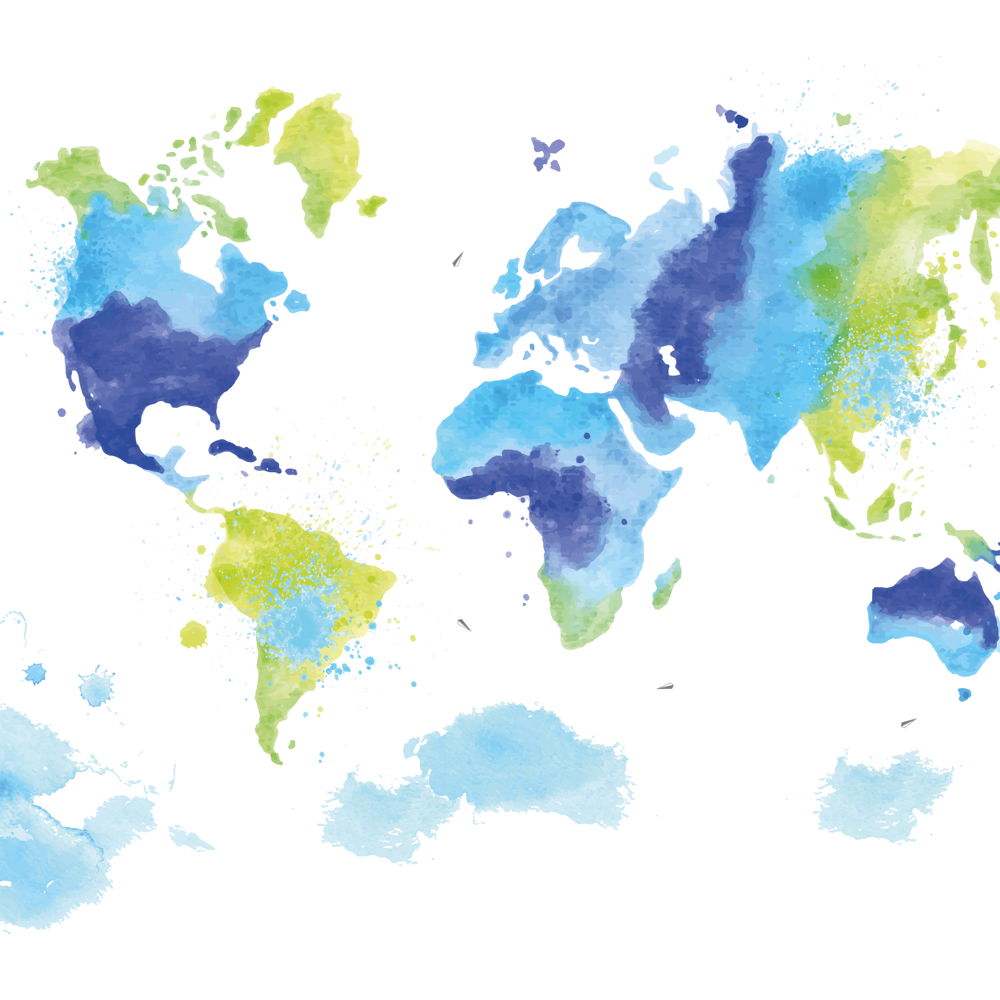 世界地図 ビニールマット 青と緑の水彩画 - TENSTICKERS
