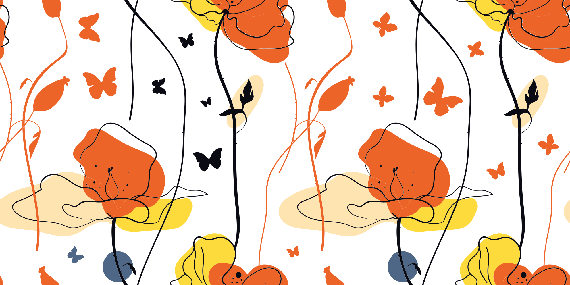 花と植物の壁画 蝶が舞うミニマリスティックパターン - TENSTICKERS