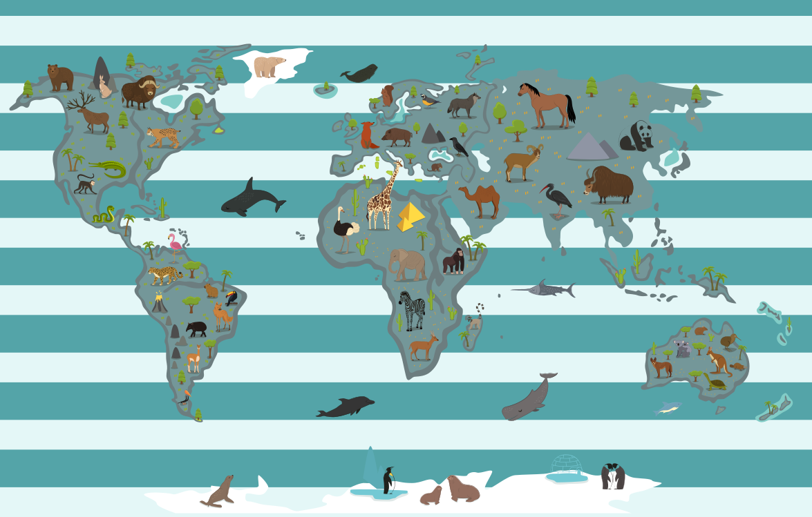 世界地図 ビニールマット 大陸を越えた動物たち - TENSTICKERS