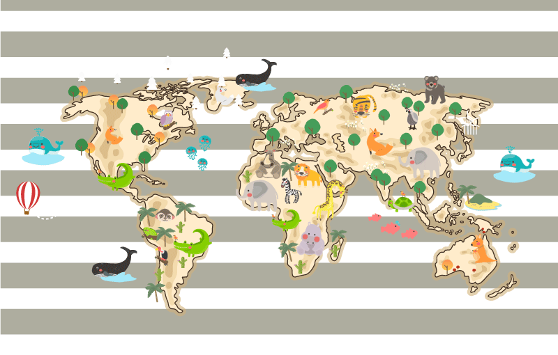 世界地図 ビニールマット カラフルな動物イラスト - TENSTICKERS