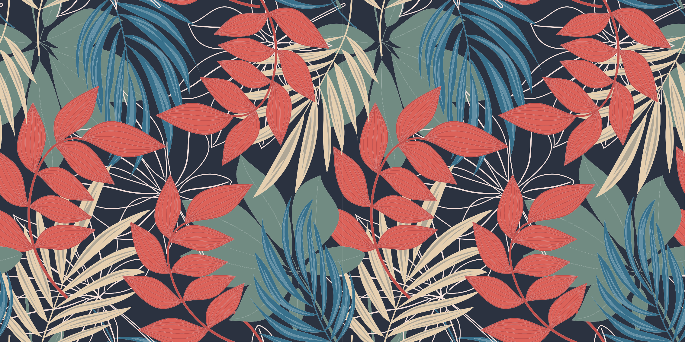 花と植物の壁画鮮やかな葉のパターン - TENSTICKERS