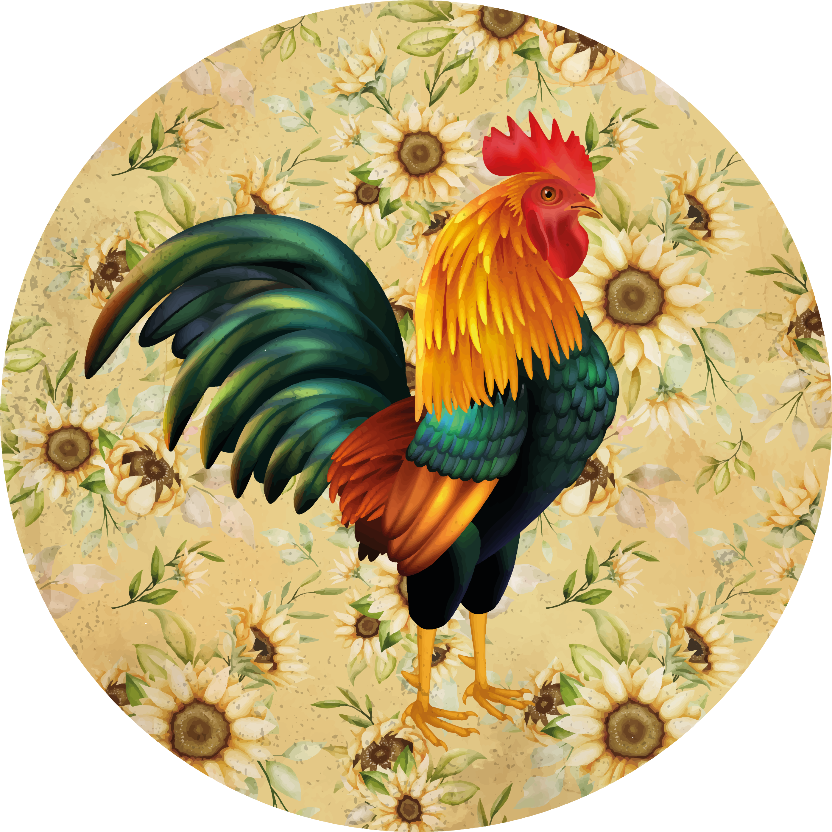 花と植物の壁画 鮮やかな雄鶏の展示 - TENSTICKERS