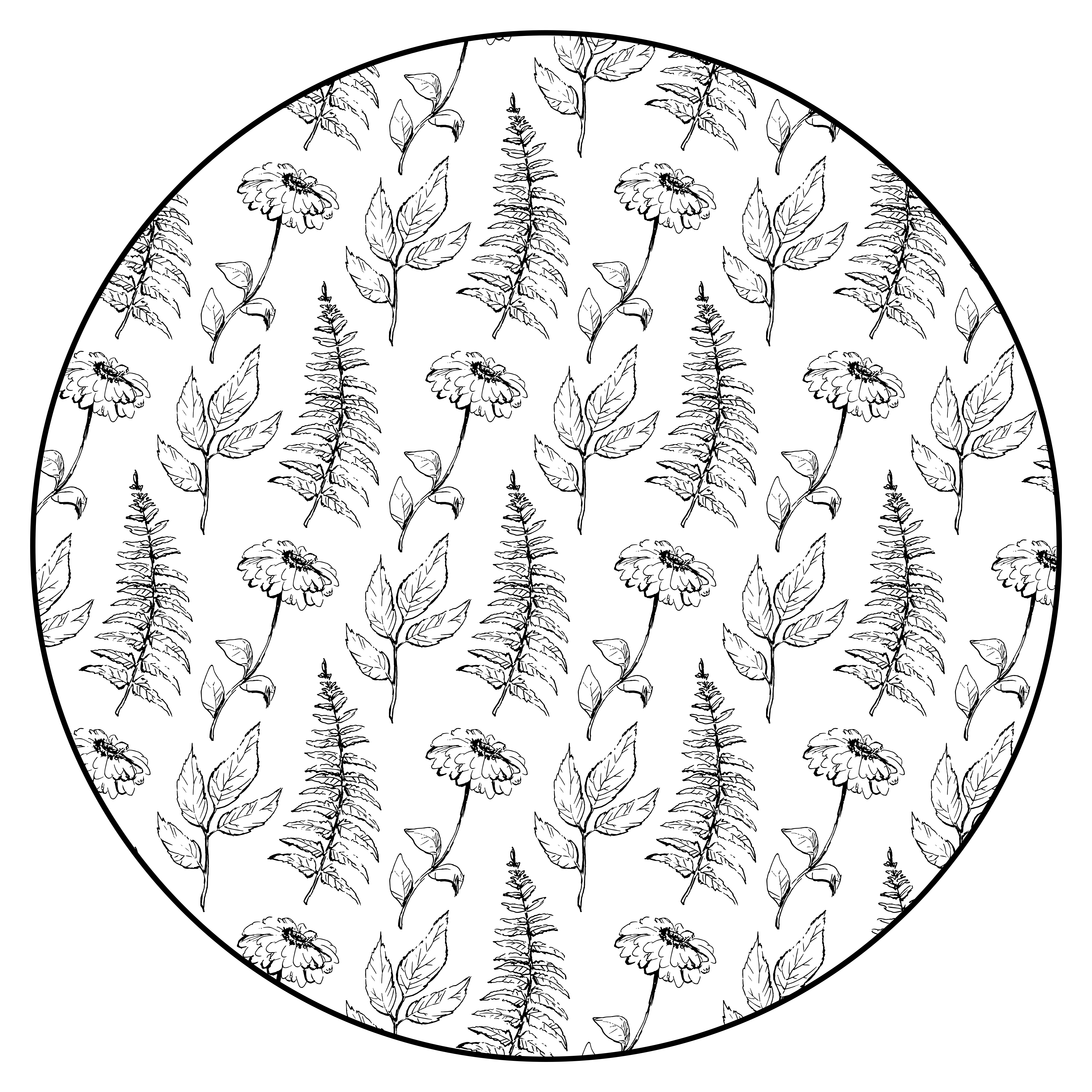 円形 ビニールマット 花柄ブラックアウトライン - TENSTICKERS