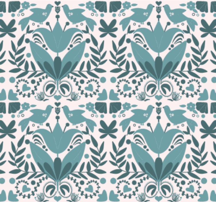 キッチン 壁紙 鳥のいる青い民芸模様 - TENSTICKERS