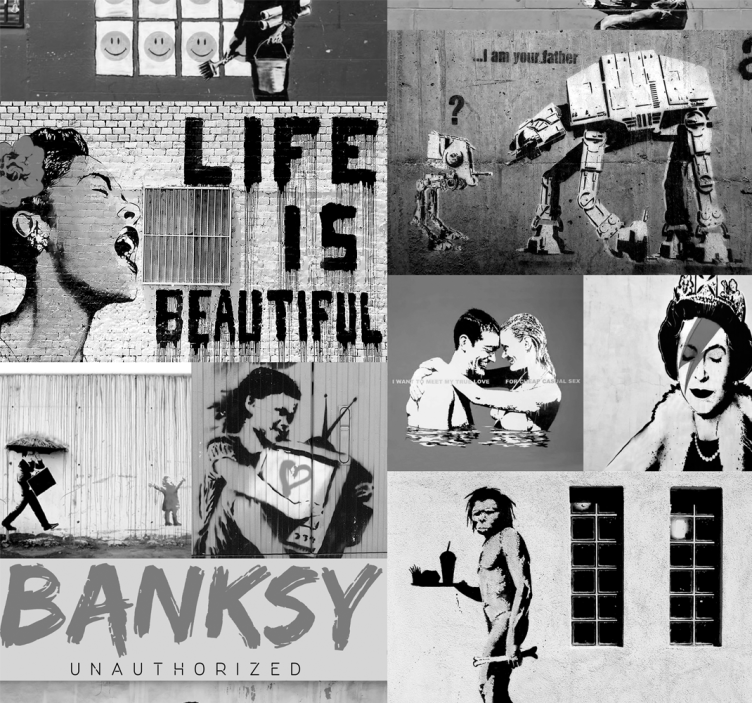 アート壁紙banksy-灰色のコラージュ - TENSTICKERS