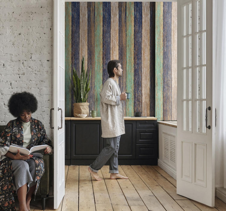 木目 壁紙 カラフルなヴィンテージデザイン - TENSTICKERS