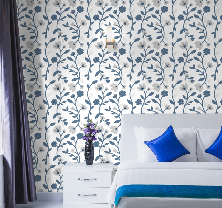 抽象的な花青と灰色の花の壁紙 - TENSTICKERS