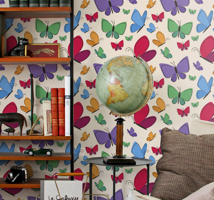 蝶の壁紙 ベージュの背景にカラフルなモチーフ - TENSTICKERS