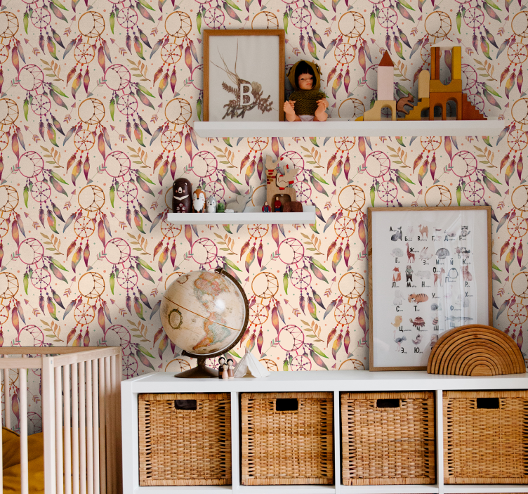 子供の寝室の壁紙 花柄のドリームキャッチャー柄 - TENSTICKERS