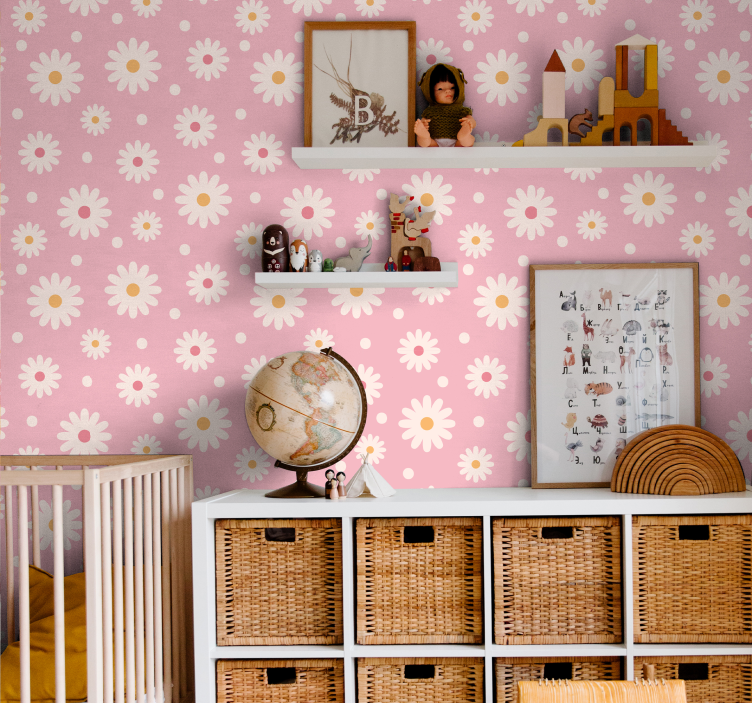 ピンクの背景の壁紙とヴィンテージのヒナギク - TENSTICKERS