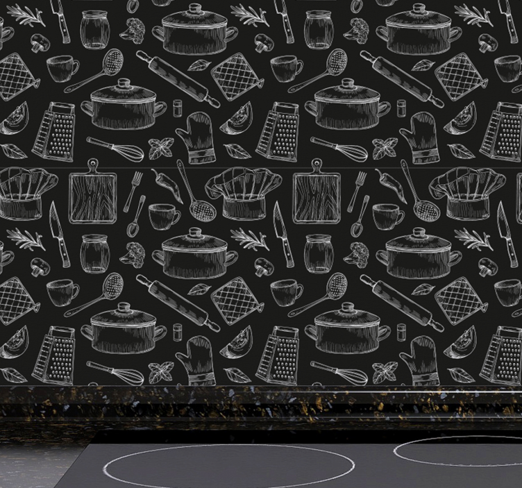 キッチン 壁紙 キッチン用品のスケッチ - TENSTICKERS